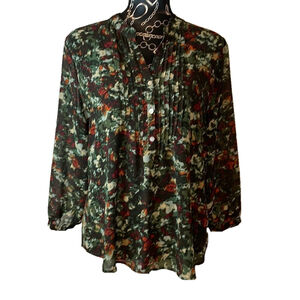 Floral Print Blouse Green Red Sheer‎ Pleated V Neck Long Sleeve Top